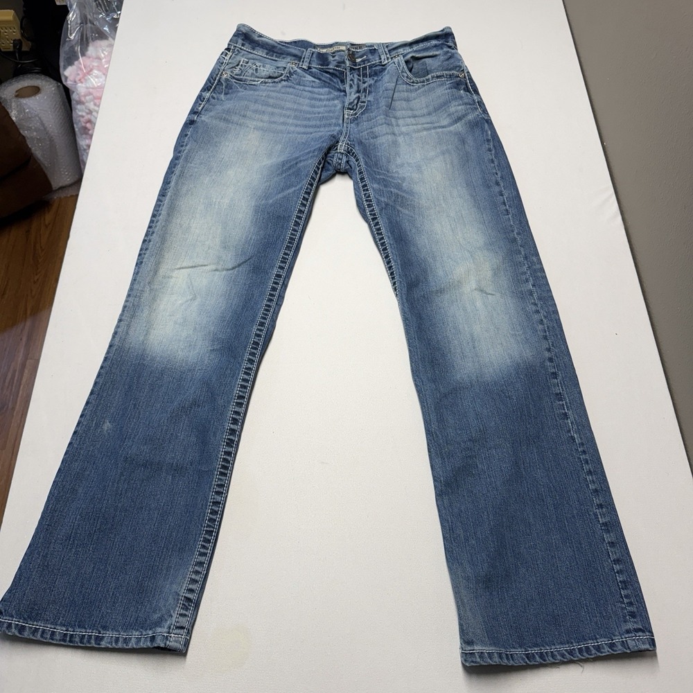 BKE Denim Justin Jeans Men's 34L X 34 Distressed Straight Leg Medium Wash Blue